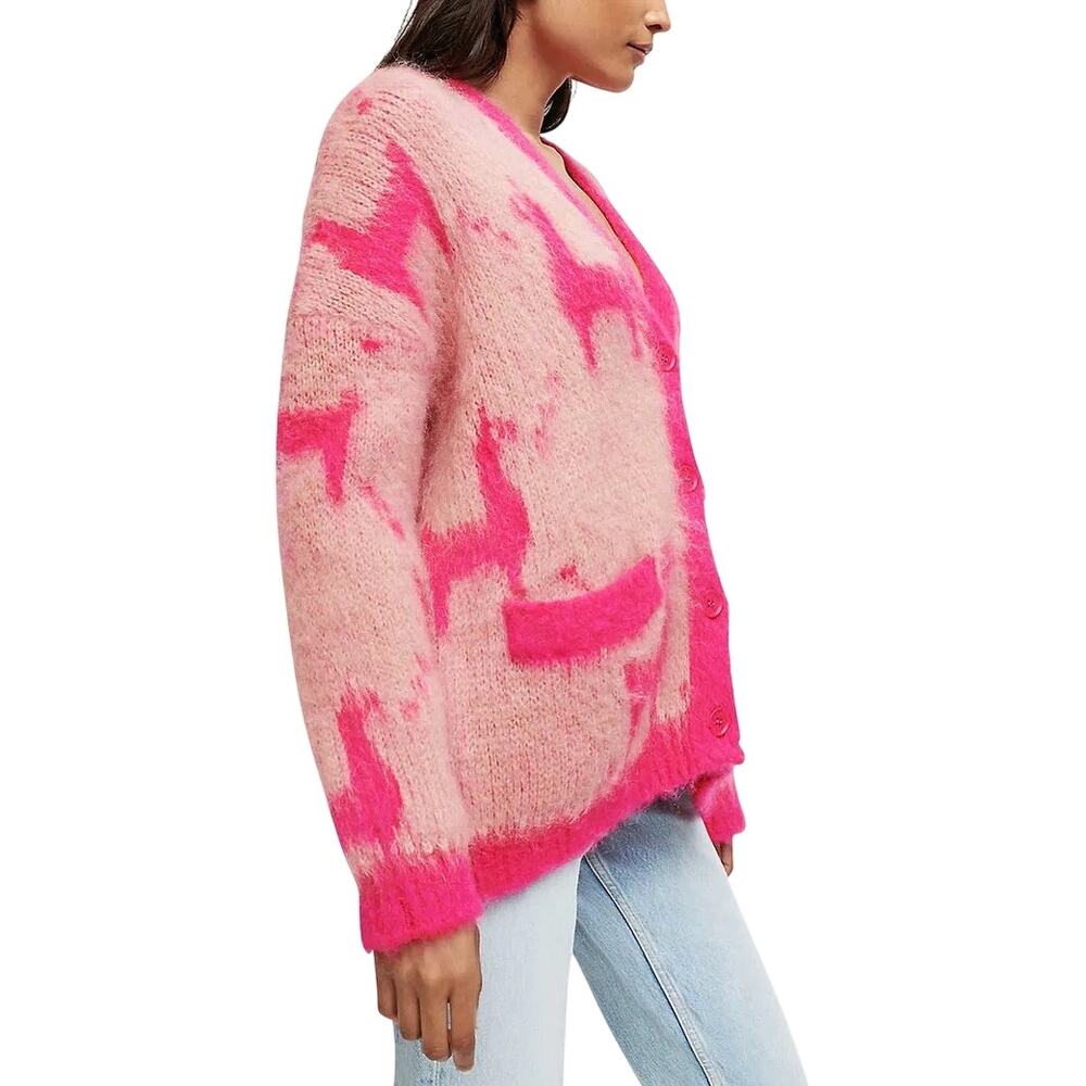 Maje Mylama Graphic-Pattern Knitted Cardigan Pink Womens Size 1 (Small) - Picture 3 of 11